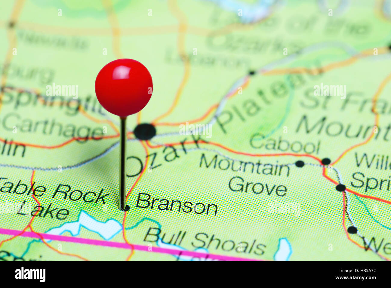 Branson pinned on a map of Missouri, USA Stock Photo