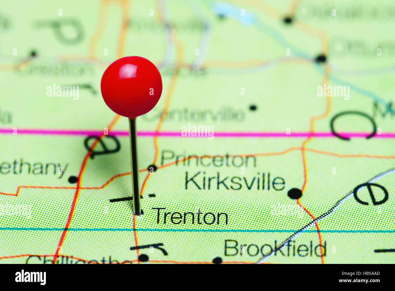 Trenton pinned on a map of Missouri, USA Stock Photo