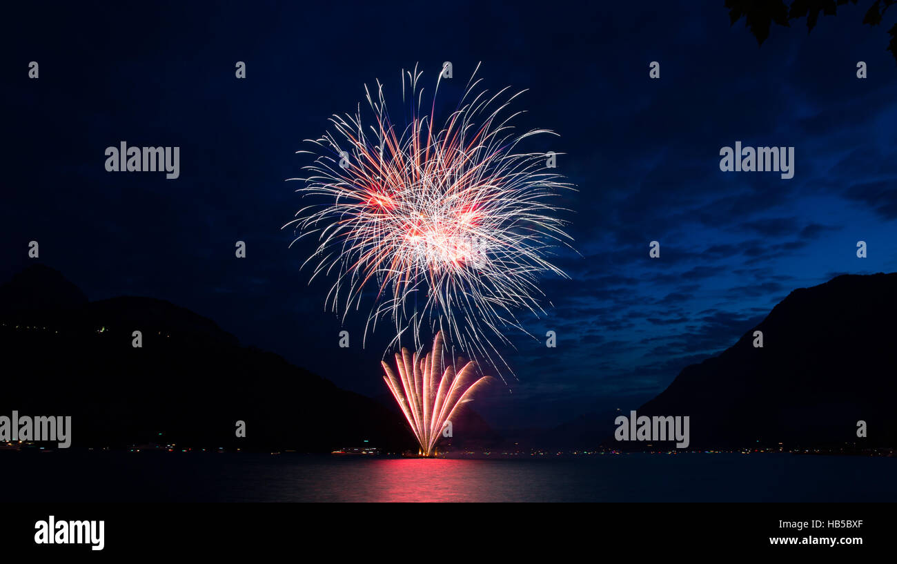 Fireworks on Swiss National Day in Brunnen, Vierwaldstätersse (Lake Lucerne), Canton Schwyz, Switzerland. Stock Photo