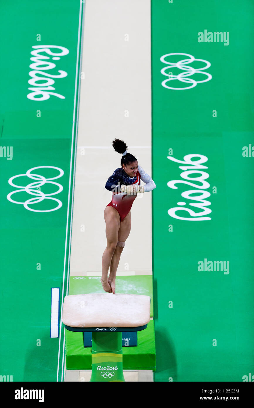 Rio de Janeiro, Brazil. 9 August 2016.  Lauren Hernandez (USA) performs the vault as part of the Gold medal winning Women's Gymnastics Team  at the 20 Stock Photo