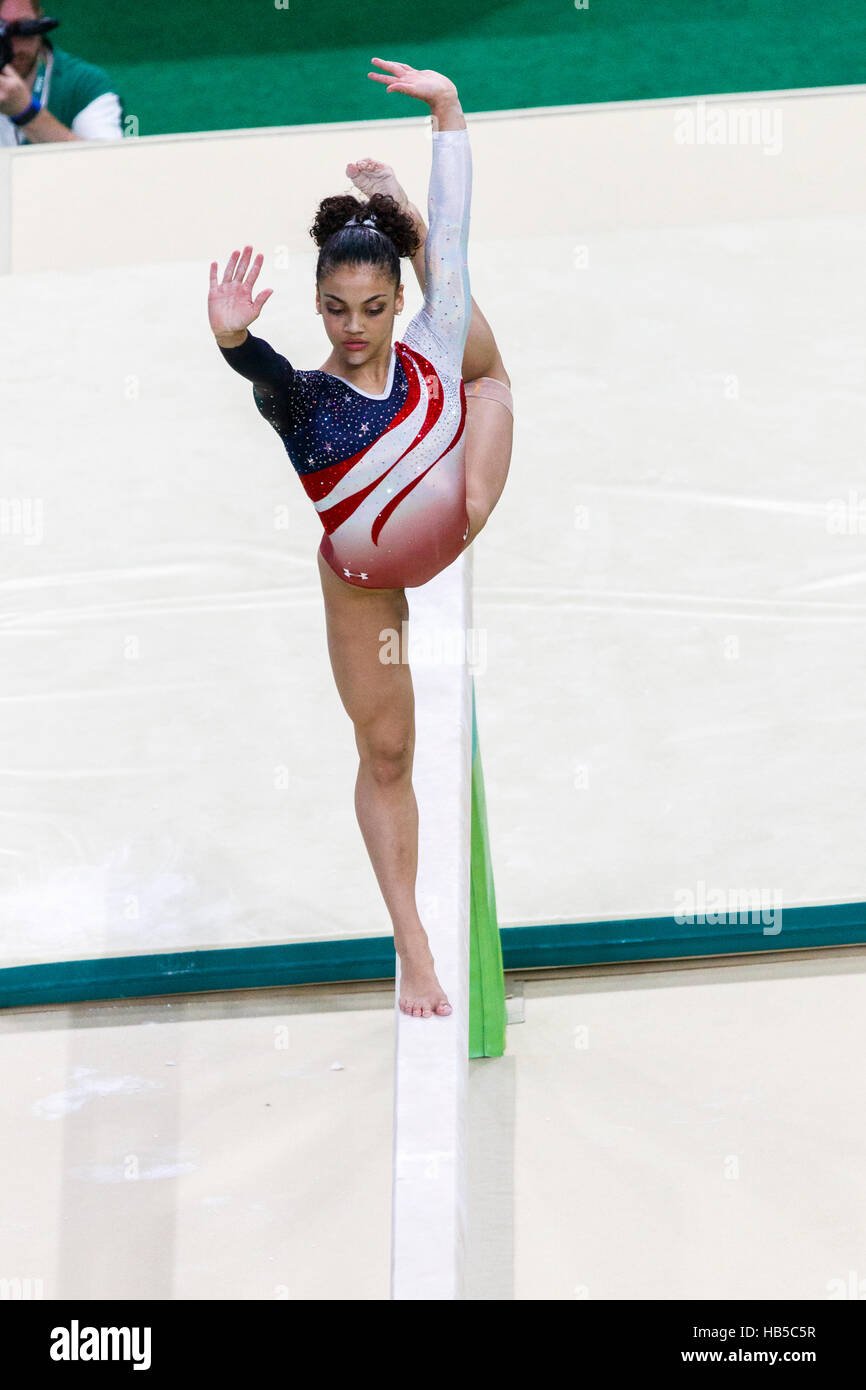 Rio de Janeiro, Brazil. 9 August 2016.  Lauren Hernandez (USA) performs on the balance beam as part of the Gold medal winning Women's Gymnastics Team Stock Photo