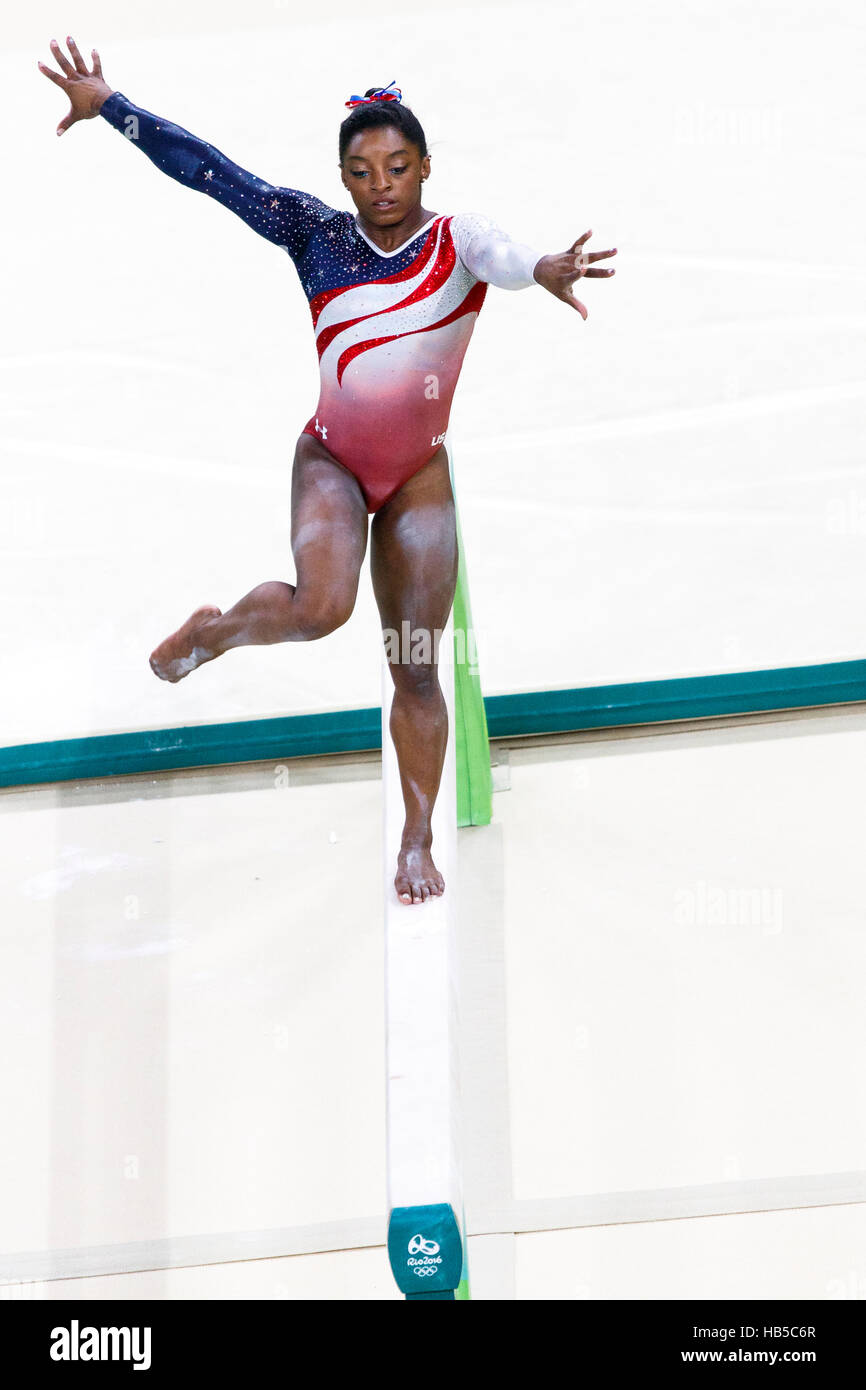 Rio de Janeiro, Brazil. 9 August 2016. Simone Biles (USA) performs on the balance beam as part of the Gold medal winning Women's Gymnastics Team  at t Stock Photo