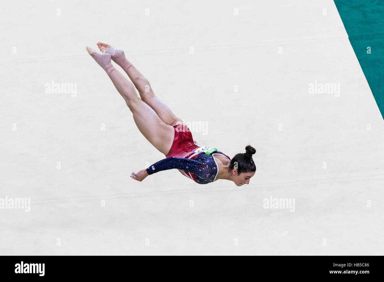 Rio de Janeiro, Brazil. 9 August 2016.  Alexandra Raisman (USA) performs the floor exercise as part of the Gold medal winning Women's Gymnastics Team  Stock Photo