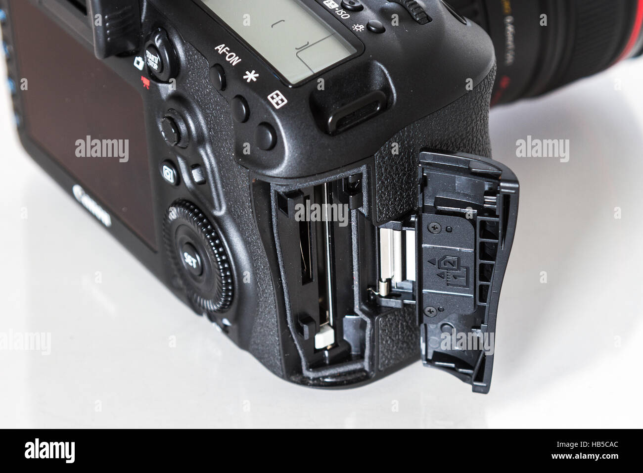 Canon 5D Mark IV camera showing cards sloth, with Canon EF 24-70mm f/2.8L II USM lens on a white background Stock Photo