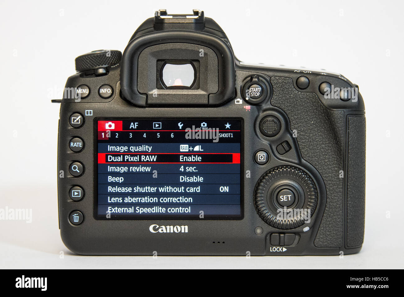 Canon 5D Mark IV. 30 mpx camera body from back with Dual Pixell menu on a white  background Stock Photo