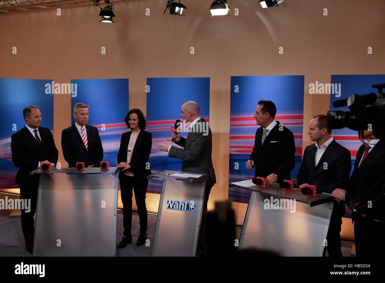 Eva Glawischnig-Piesczek, the federal spokeswoman of the Austrian Green party speaks on TV.HC Strache, the Chairman of the Freedom Party of Austria Chairman of the Freedom Party of AustriaReinhold Lopatka, the chairman of the parliamentary party of the Austrian People's Party (ÖVP), talks on TV.Politicians of all parties discuss the Presidential election results on TV. Preliminary results see independent candidate Alexander Van der Bellen as the winner of the Austrian Presidential elections. He and loosing candidate Norbert Hofer, as well as politicians from all parliamentary parties appeared Stock Photo