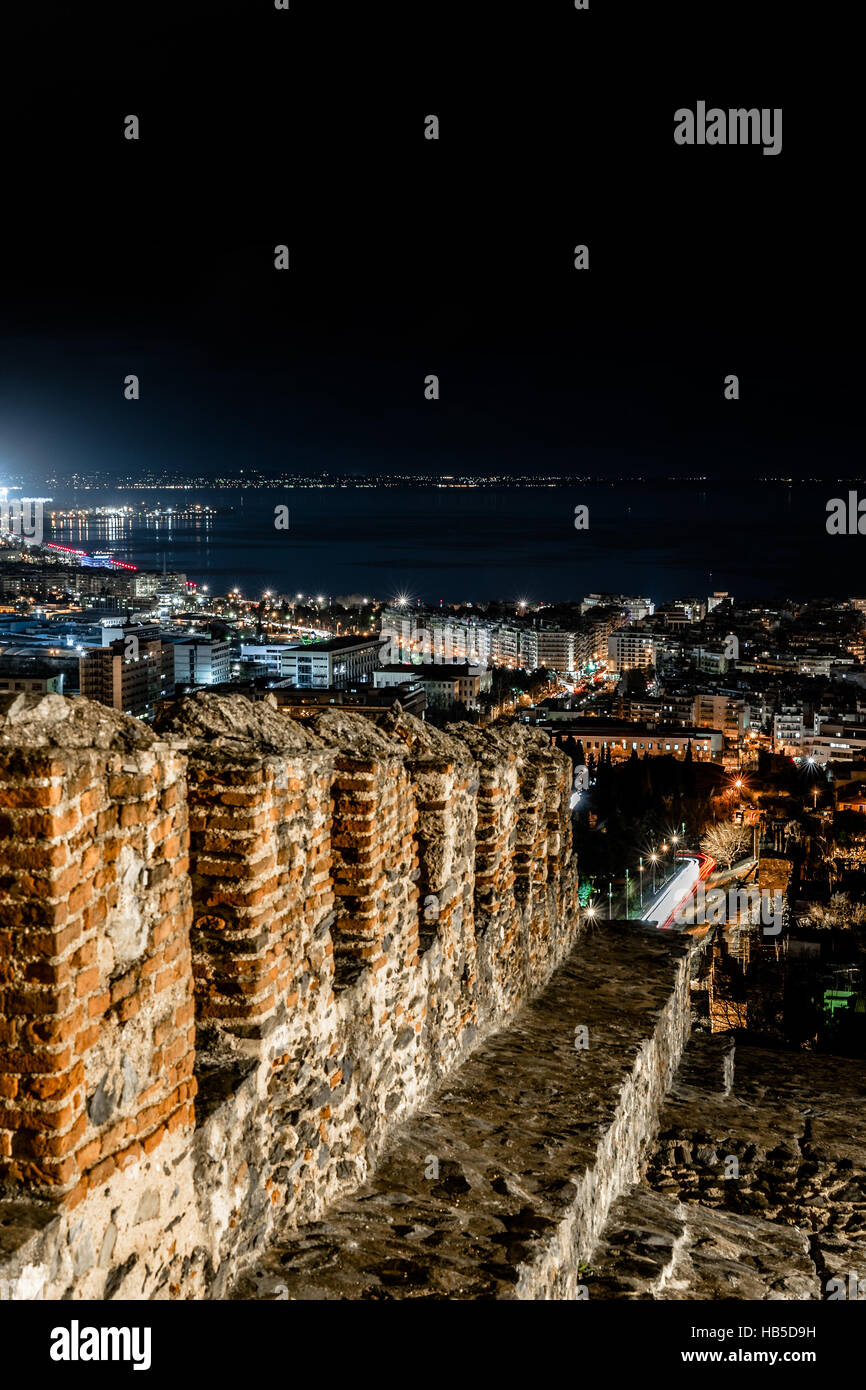 City Lights  of Thessaloniki, Panoramic View from Trigoniou Tower, Long exposure Stock Photo