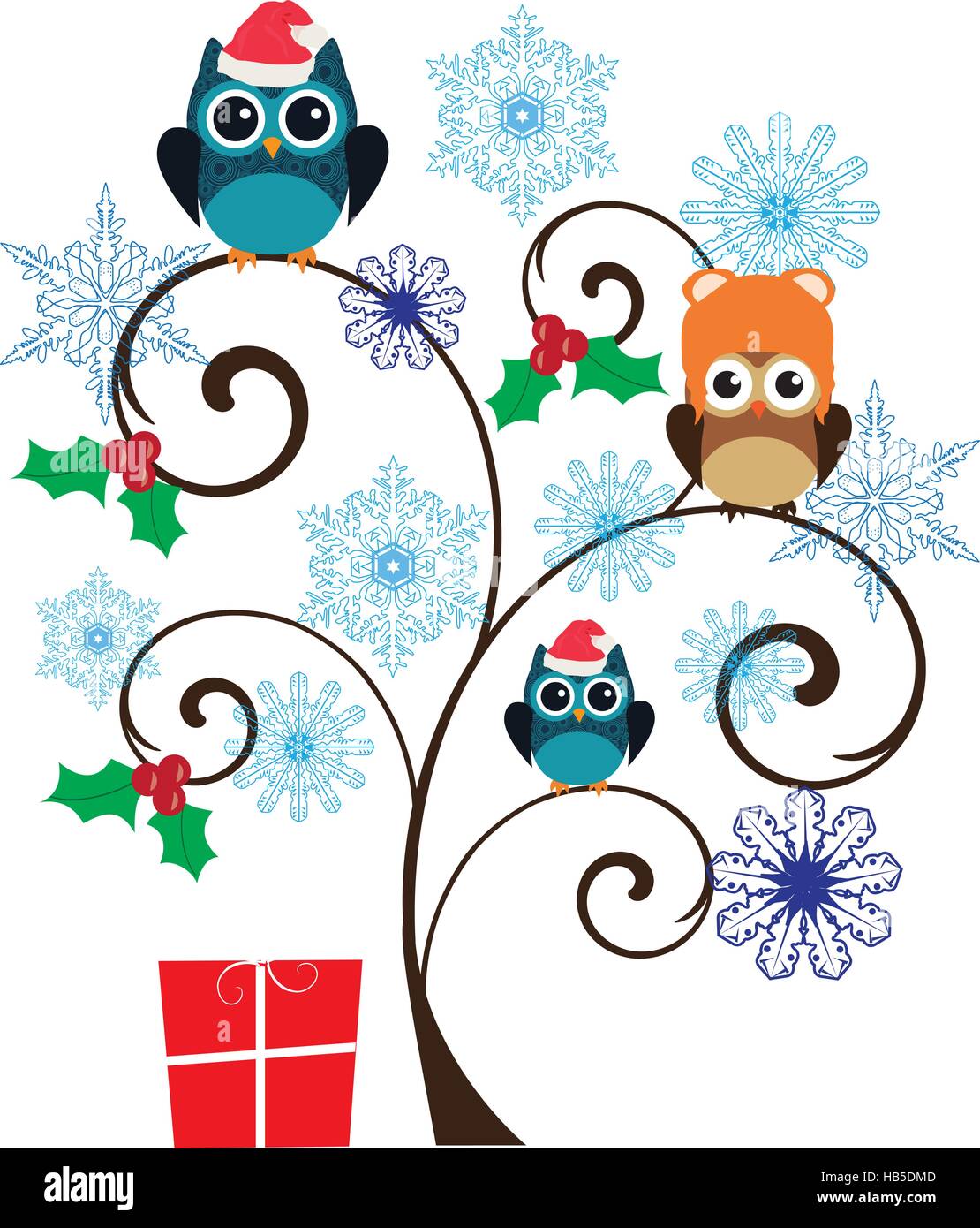 vector illustration of a tree with owl Christmas background Stock ...