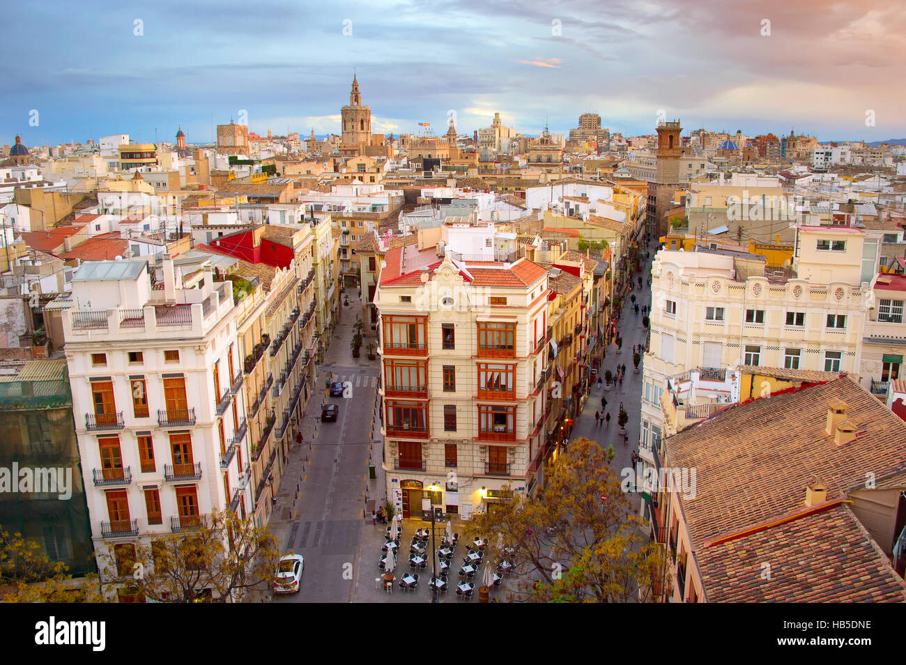 Skyline of Valencia Old Town at twilight. Spain Stock Photo