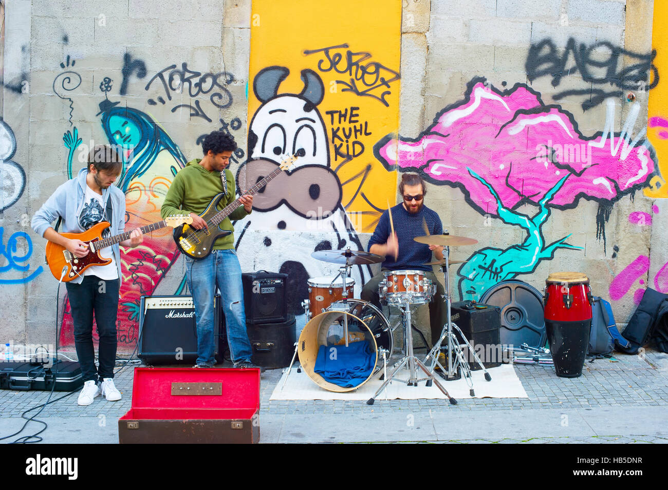 Music band playing on the street. Porto famous tourist destiantion in Portugal Stock Photo