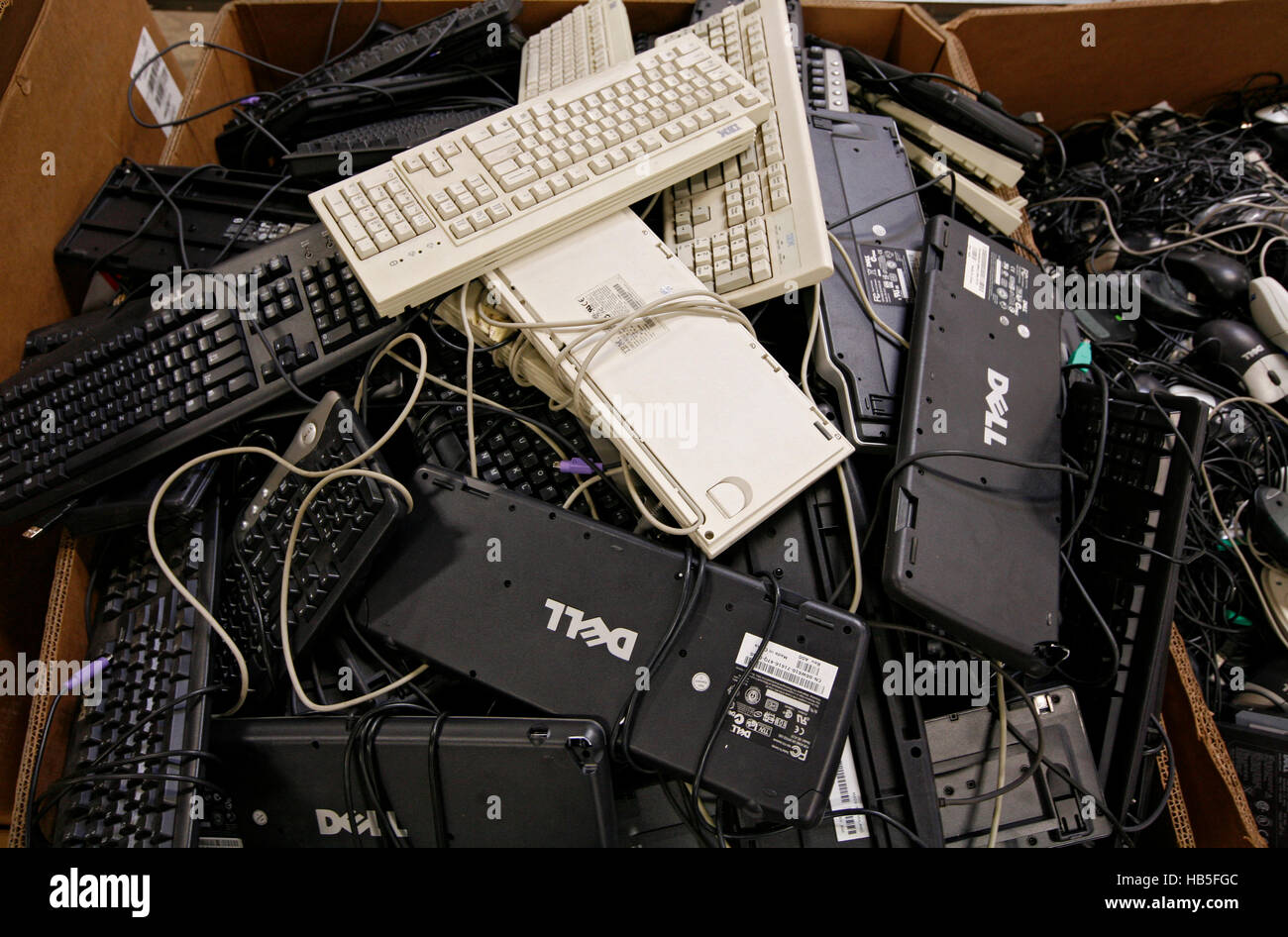 Donated PC and Apple keyboards fill a box at Goodwill store in Austin, Texas. Stock Photo