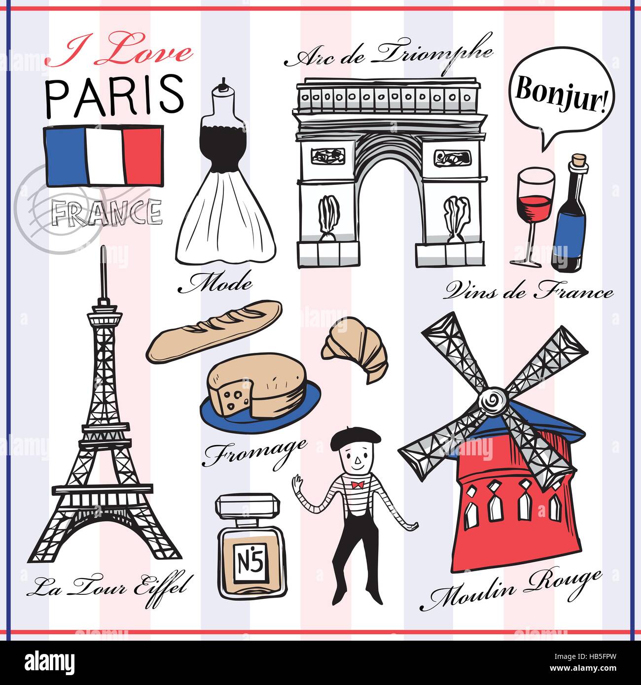 travel concept: France famous things and landscapes in hand drawn style  Stock Vector Image &amp; Art - Alamy
