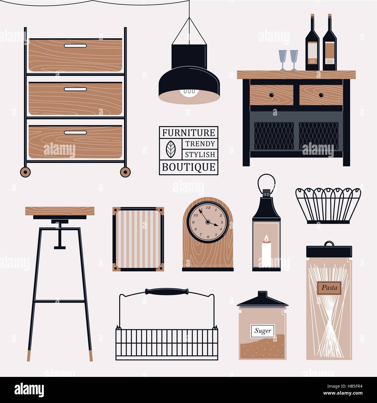 stylish wooden furniture set in flat design Stock Vector Image & Art ...