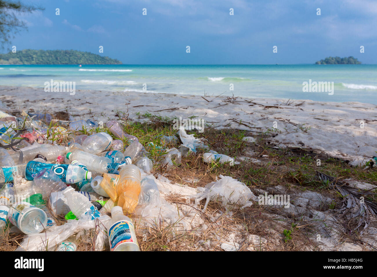 Plastic bottles, garbage and wastes on the beach of Koh Rong, Cambodia Stock Photo