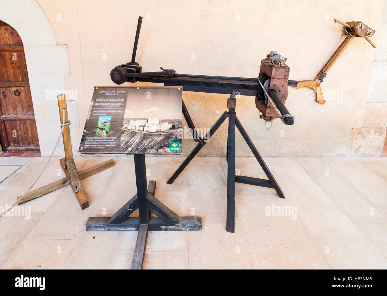 Catapult typical of the region inside of the Castle of Mora de Rubielos, Aragon, Spain Stock Photo