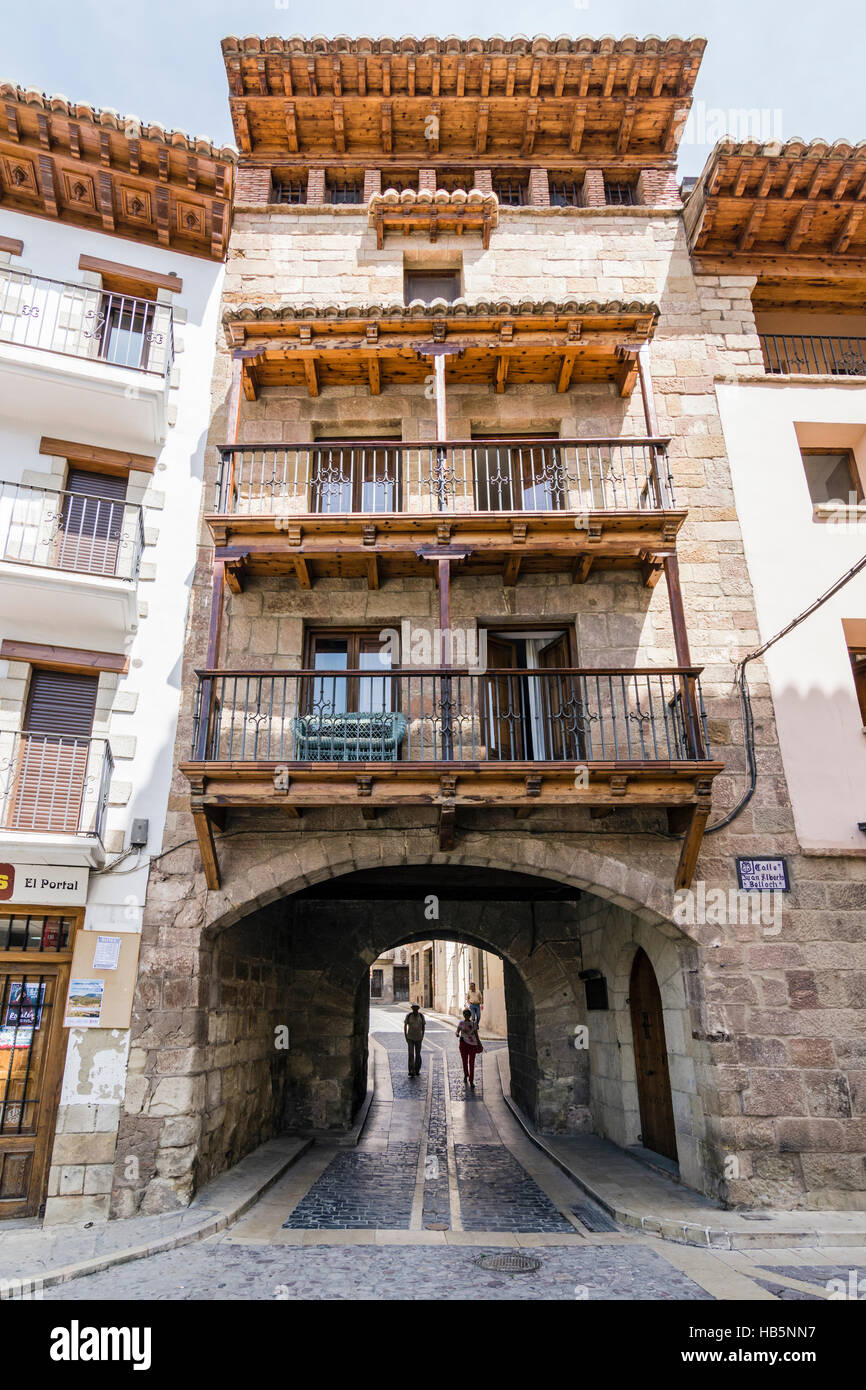 Archway portal under a building, Plaza de la Villa, Mora de Rubielos, Aragon, Spain Stock Photo