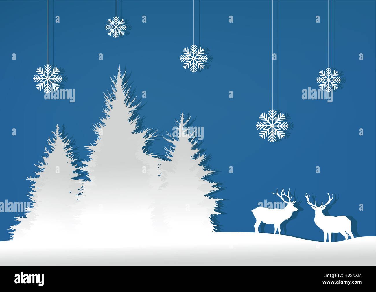 Illustration, forest, deer and snow on a blue background Stock Photo ...