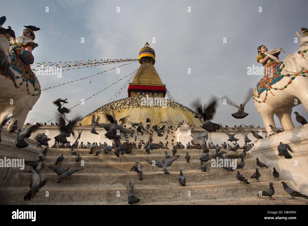 Boudhanath Stupa and birds Stock Photo