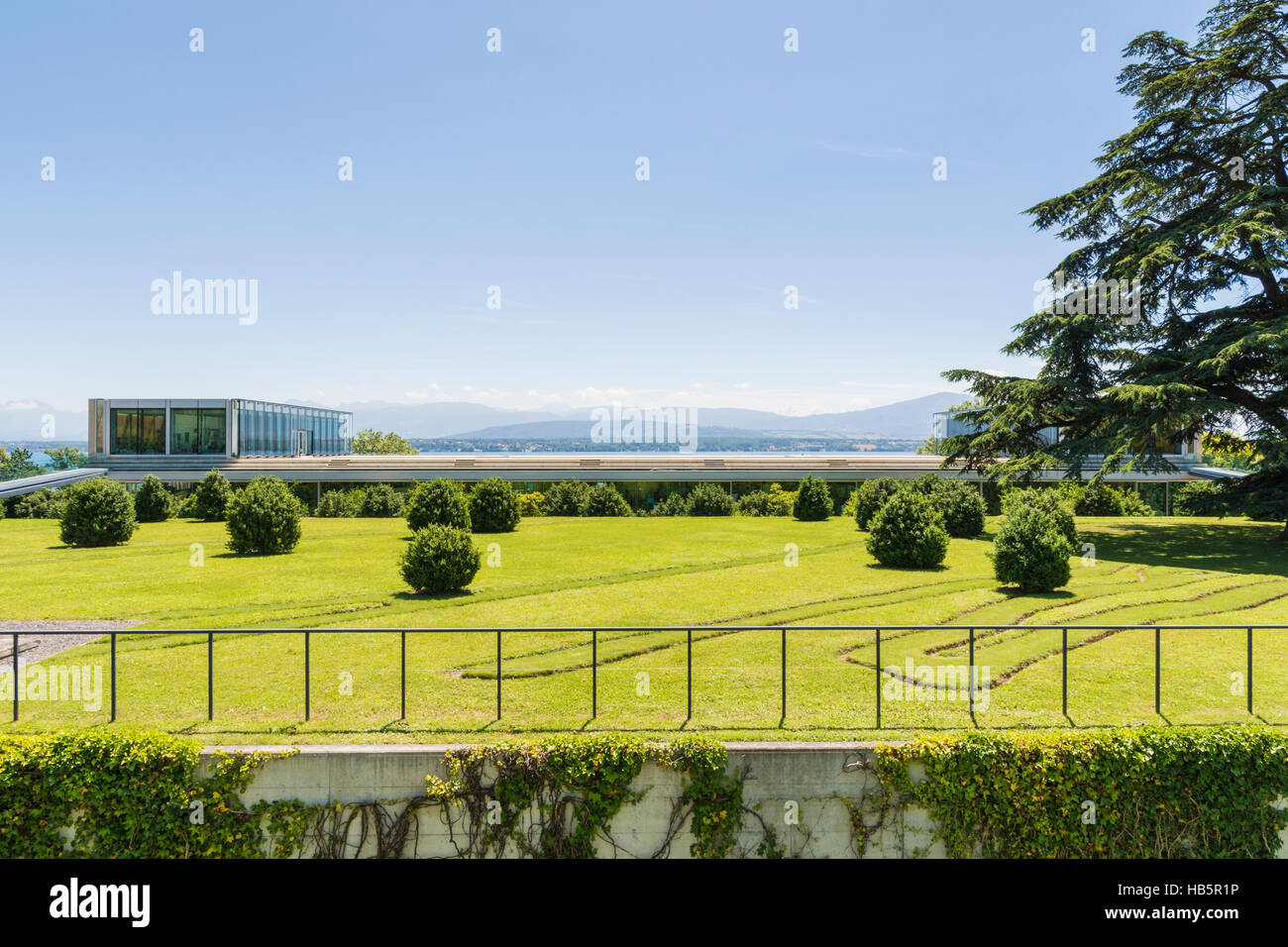The land side glass facade of the UEFA headquarters in Nyon, Switzerland Stock Photo