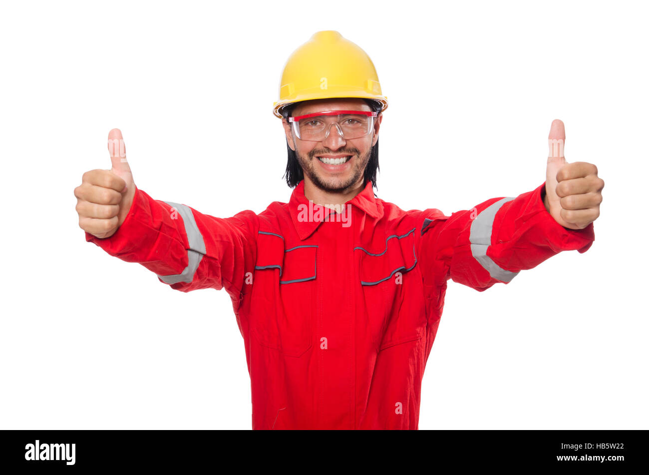 Man wearing red coveralls isolated on white Stock Photo - Alamy