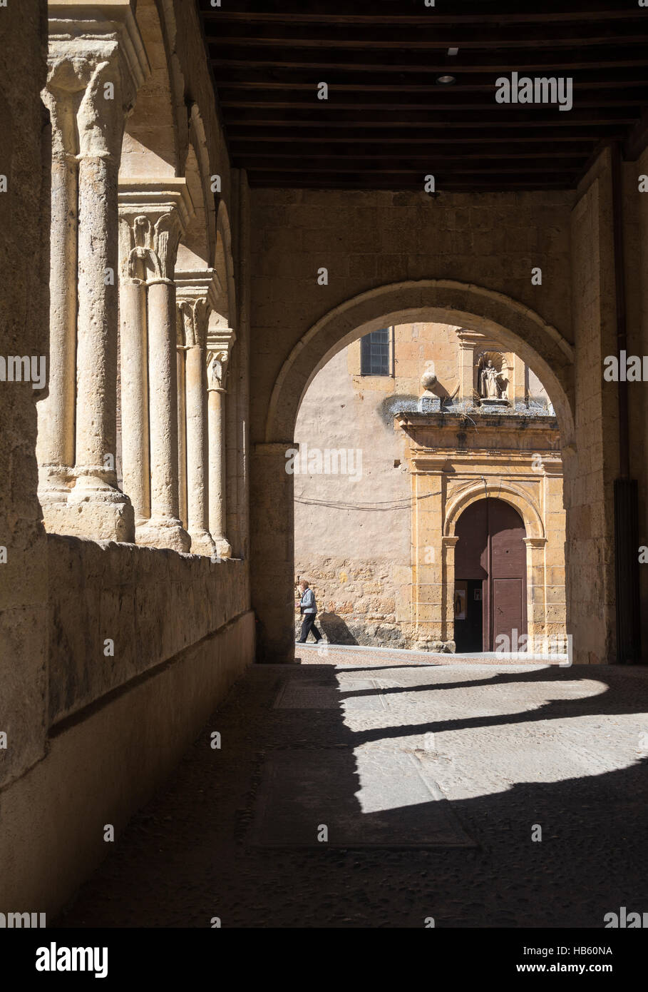 Looking toward The Santo Domingo de Guzman Monastery from the porticoed entrance of Santisima Trinidad church, Plaza De La Trinidad, Segovia, Spain Stock Photo