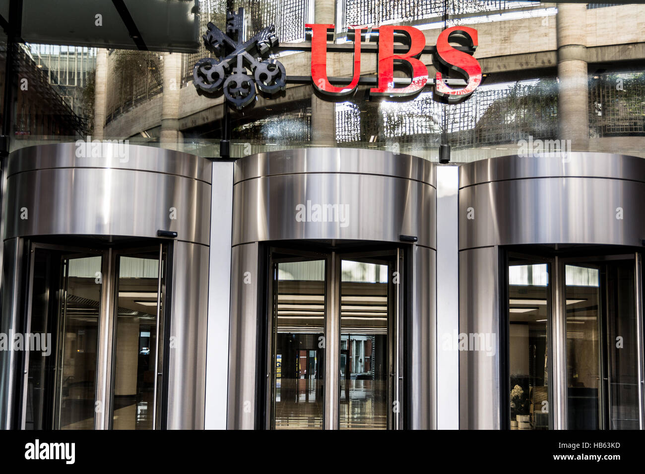 Signage on the headquarters of UBS at Broadgate Circle, Broadgate, City of London, England, U.K. Stock Photo
