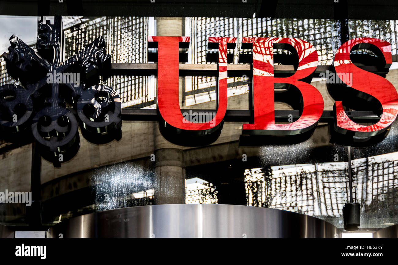Signage on the headquarters of UBS at Broadgate Circle, Broadgate, City of London, England, U.K. Stock Photo