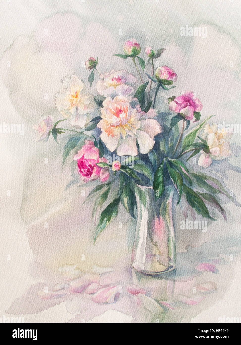 white pink peonies bouquet watercolor Stock Photo - Alamy