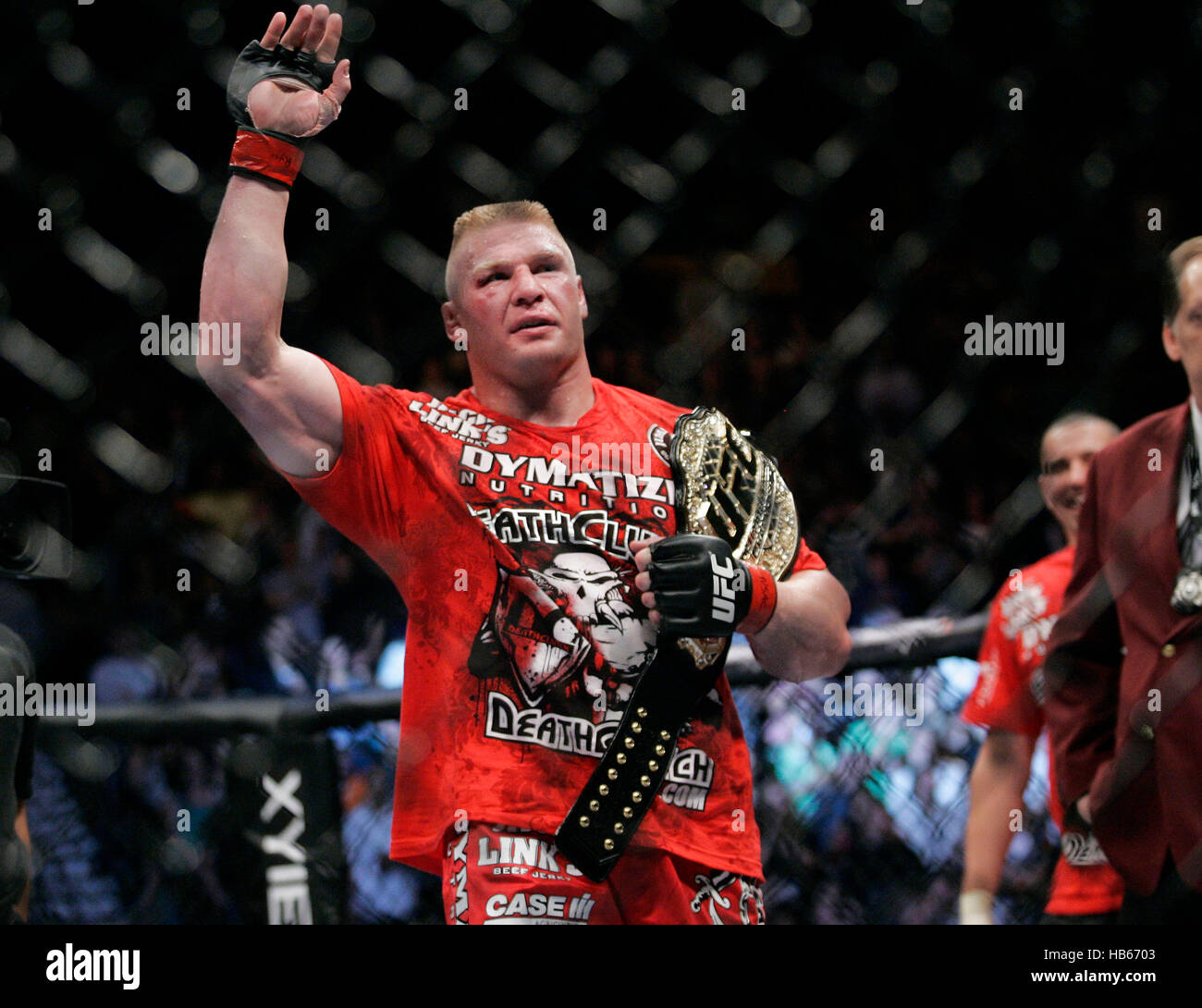 UFC fighter Brock Lesnar celebrates his victory over Shane Carwin at UFC 116 at the Grand Garden Arena on July 3, 2010, in Las Vegas, Nevada. Photo by Francis Specker Stock Photo