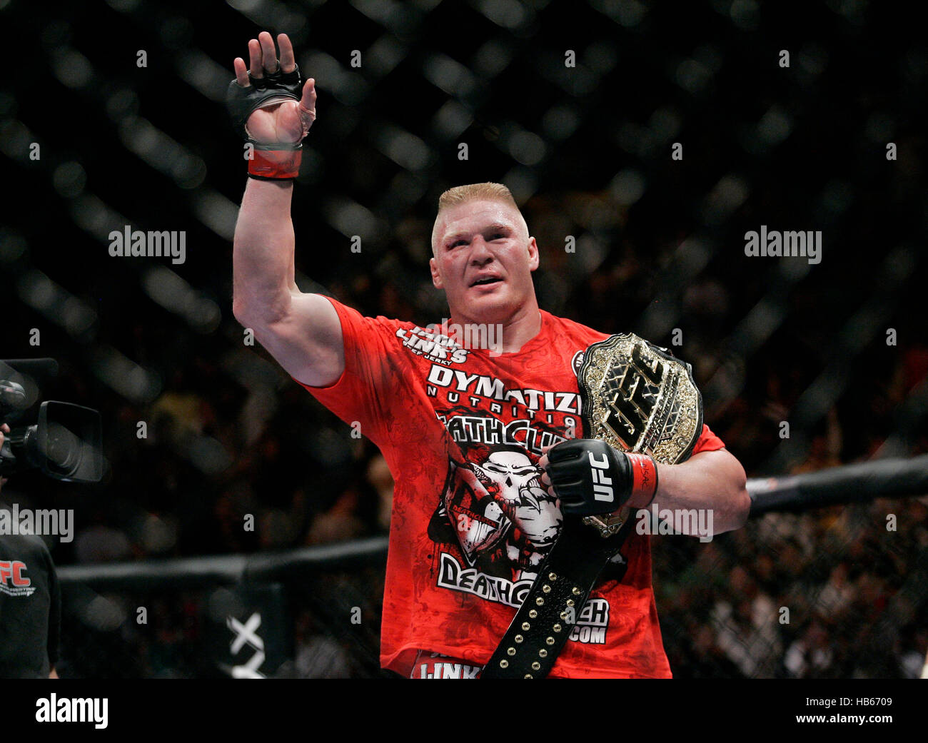 UFC fighter Brock Lesnar celebrates his victory over Shane Carwin at UFC 116 at the Grand Garden Arena on July 3, 2010, in Las Vegas, Nevada. Photo by Francis Specker Stock Photo