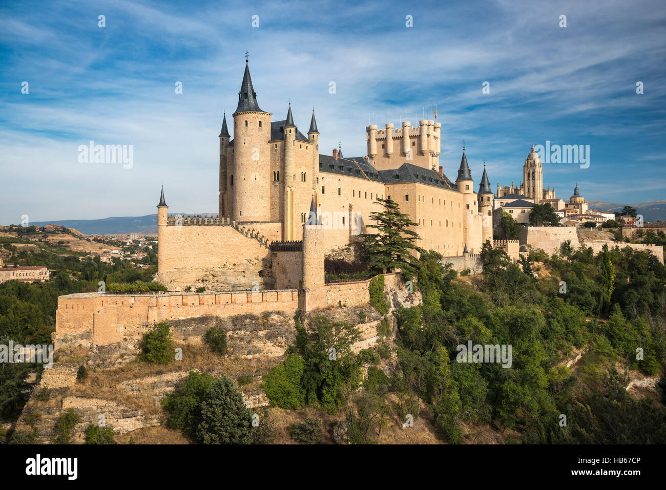 The Alcazar with the Cathedral and city of Segovia in the background, Segovia, Central Spain Stock Photo