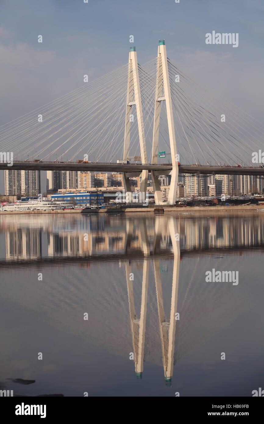 Pylon cable-stayed bridge reflection Stock Photo