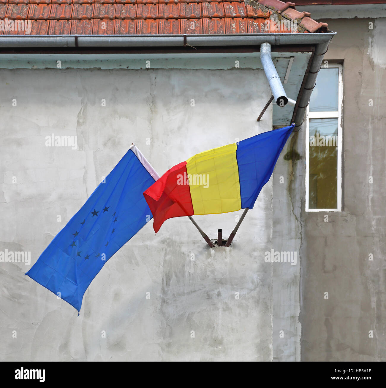 Romania and EU flags Stock Photo