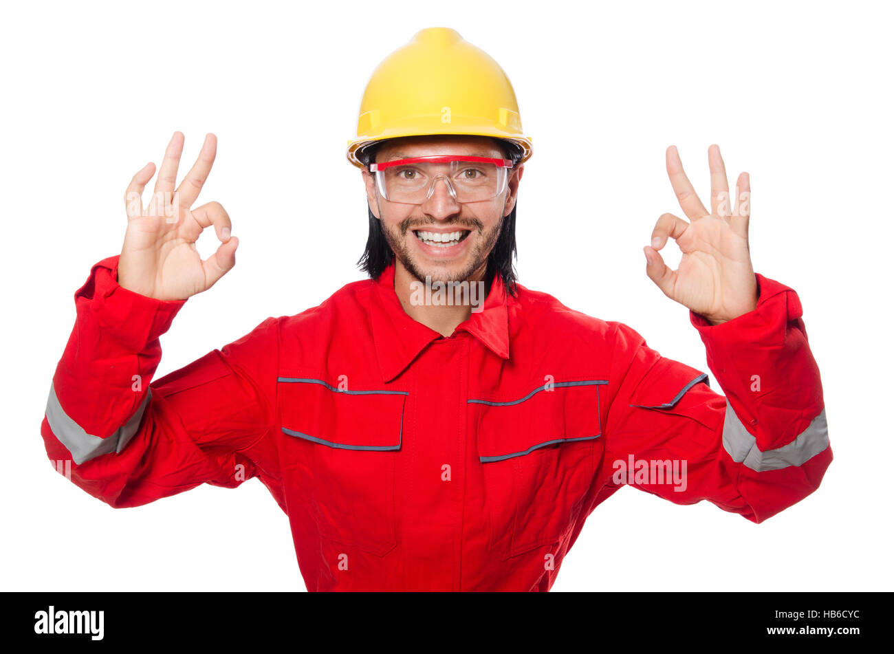 Man wearing red coveralls isolated on white Stock Photo - Alamy