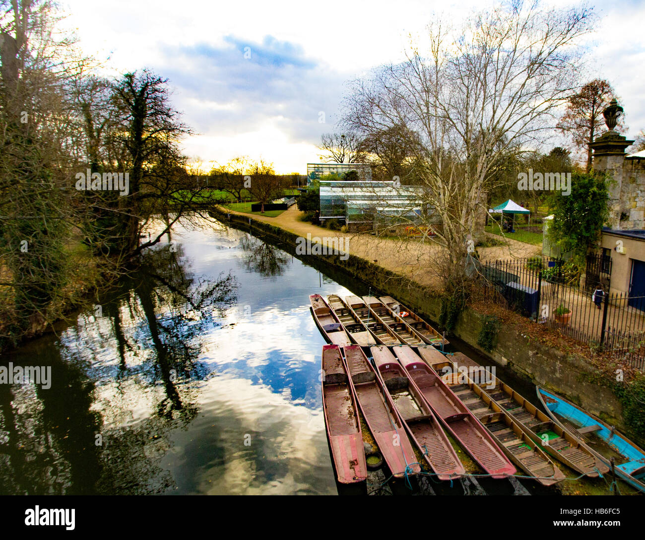 Punts moored on the River Cherwell at Magdalen Bridge Boathouse. Oxford, UK Stock Photo