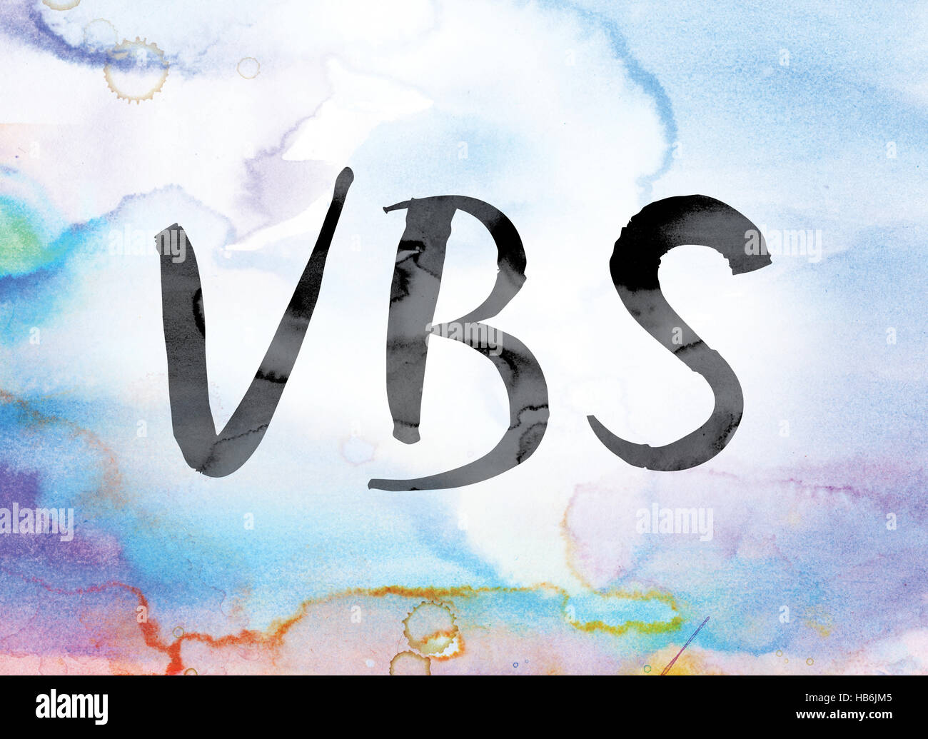 The Word Vbs Painted In Black Ink Over A Colorful Watercolor Washed