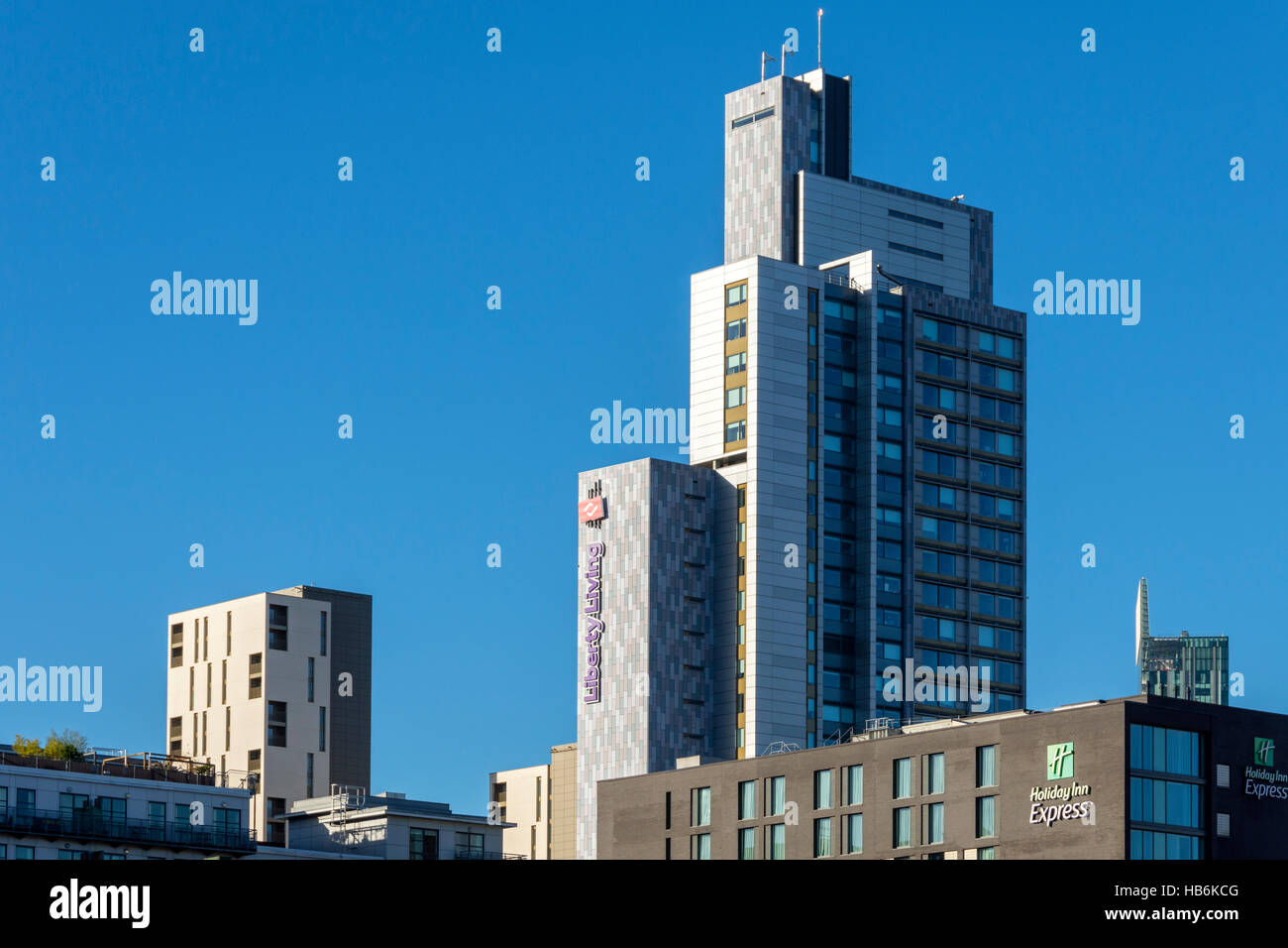 The Cambridge Street and Liberty Living (formerly Student Castle) apartment buildings, from Brancaster Road, Manchester, UK Stock Photo