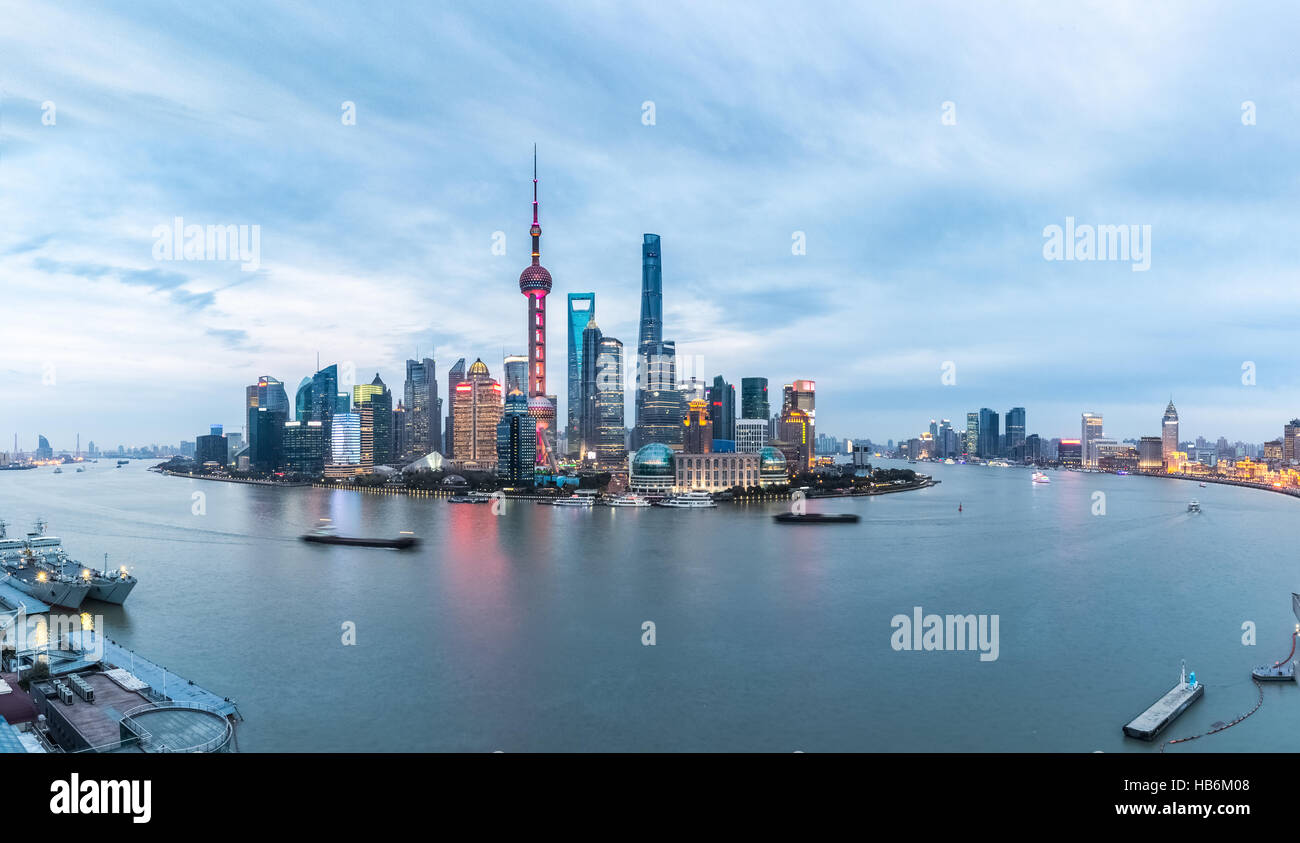 panoramic shanghai skyline in nightfall Stock Photo