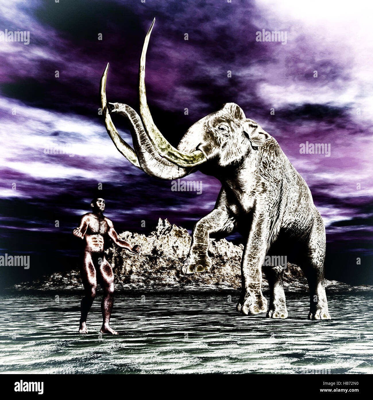 Mammoth with prehistoric man Stock Photo
