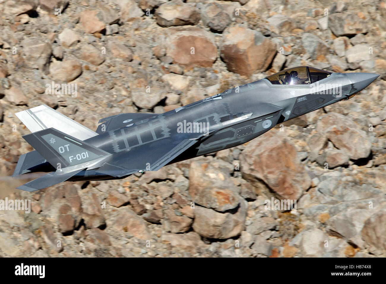 Lockheed Martin F-35A Lighting II from the 323 Squadron, Royal Netherlands Air Force, flies low level through the Jedi Transition, Star Wars Canyon, Death Valley National Park, California, United States of America Stock Photo