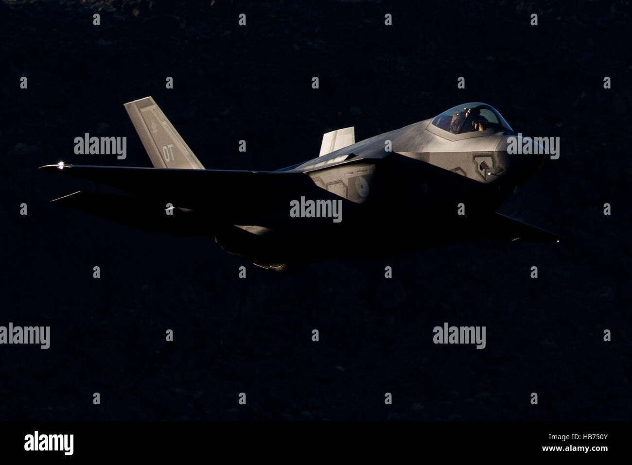 Lockheed Martin F-35A Lighting II from the 323 Squadron, Royal Netherlands Air Force, flies low level through the Jedi Transition, Star Wars Canyon, Death Valley National Park, California, United States of America Stock Photo