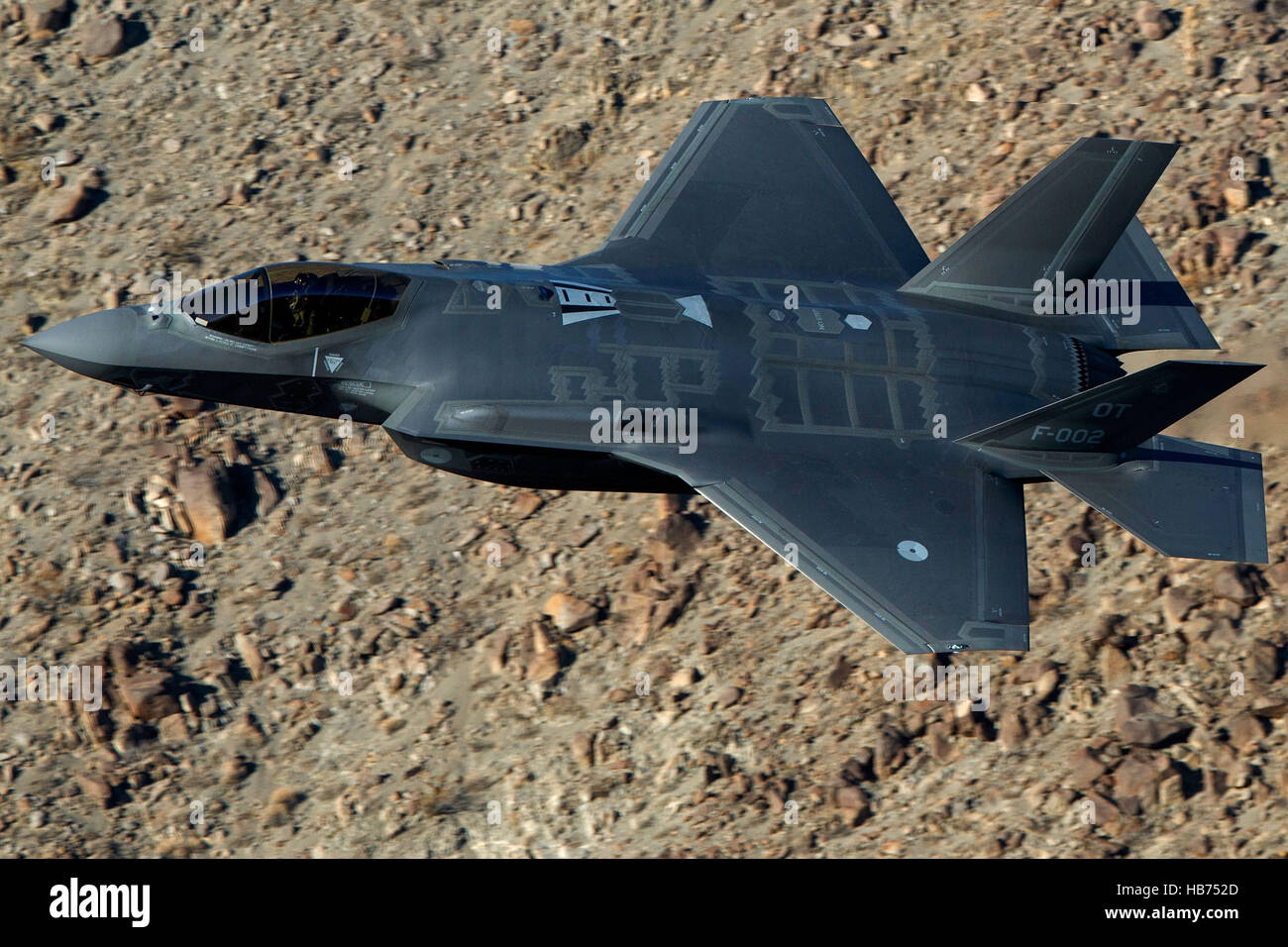 Lockheed Martin F-35A Lighting II from the 323 Squadron, Royal Netherlands Air Force, flies low level through the Jedi Transition, Star Wars Canyon, Death Valley National Park, California, United States of America Stock Photo