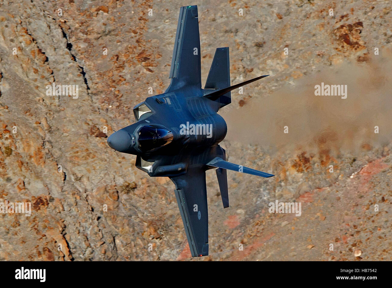 Lockheed Martin F-35A Lighting II from the 323 Squadron, Royal Netherlands Air Force, flies low level through the Jedi Transition, Star Wars Canyon, Death Valley National Park, California, United States of America Stock Photo