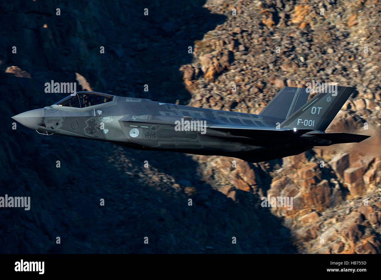 Lockheed Martin F-35A Lighting II from the 323 Squadron, Royal Netherlands Air Force, flies low level through the Jedi Transition, Star Wars Canyon, Death Valley National Park, California, United States of America Stock Photo