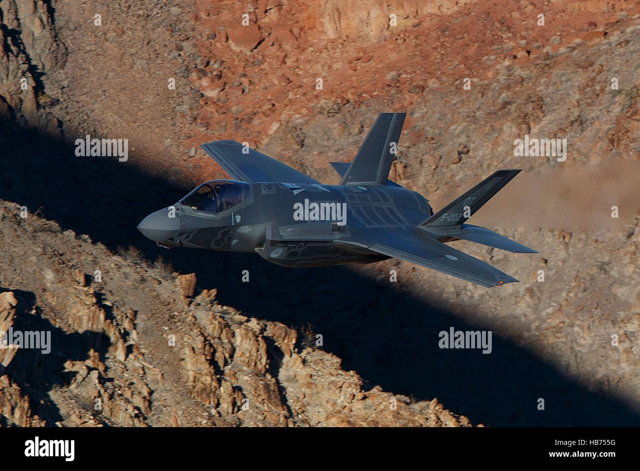Lockheed Martin F-35A Lighting II from the 323 Squadron, Royal Netherlands Air Force, flies low level through the Jedi Transition, Star Wars Canyon, Death Valley National Park, California, United States of America Stock Photo