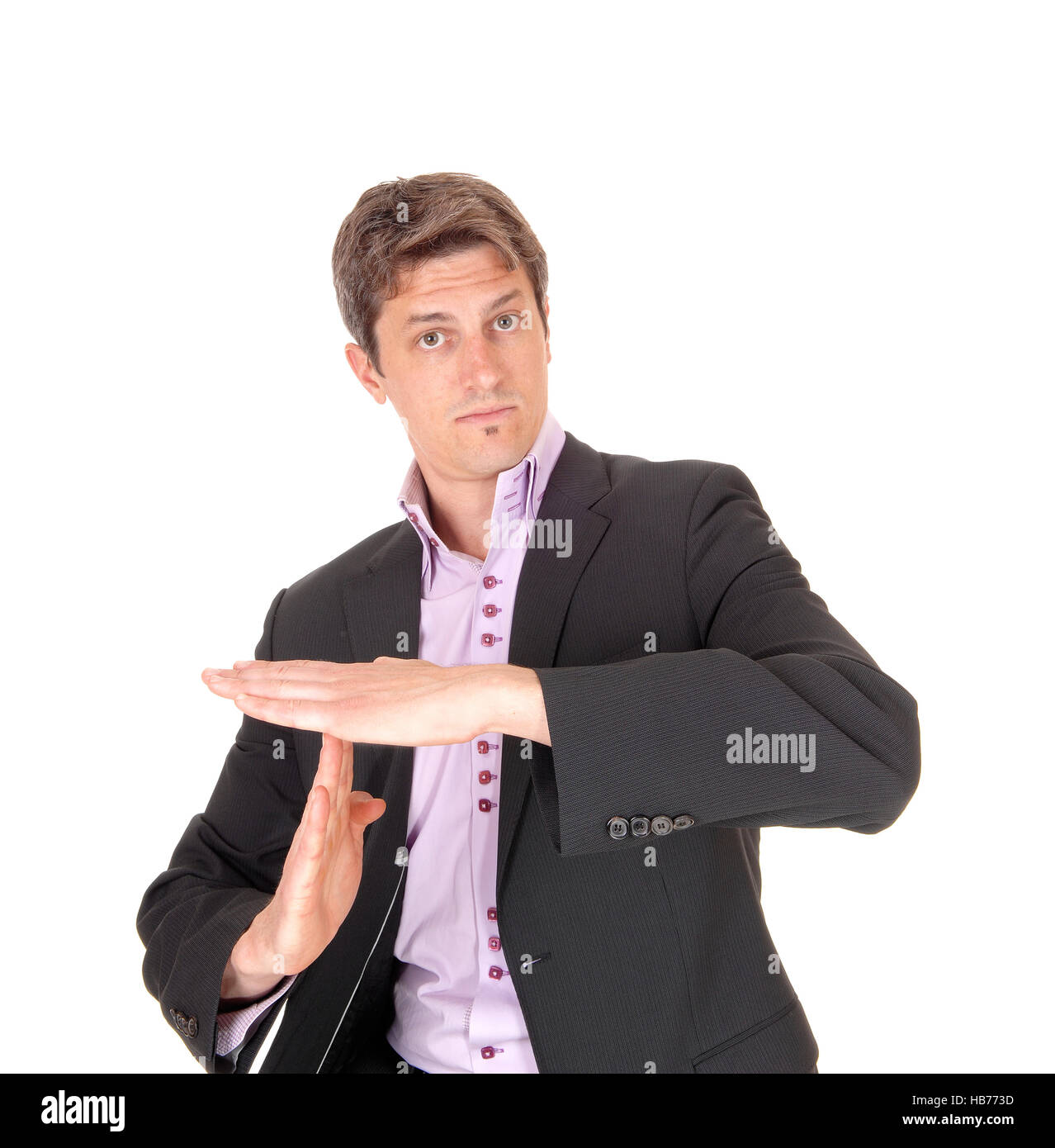 Business man gesturing, lets talk. Stock Photo