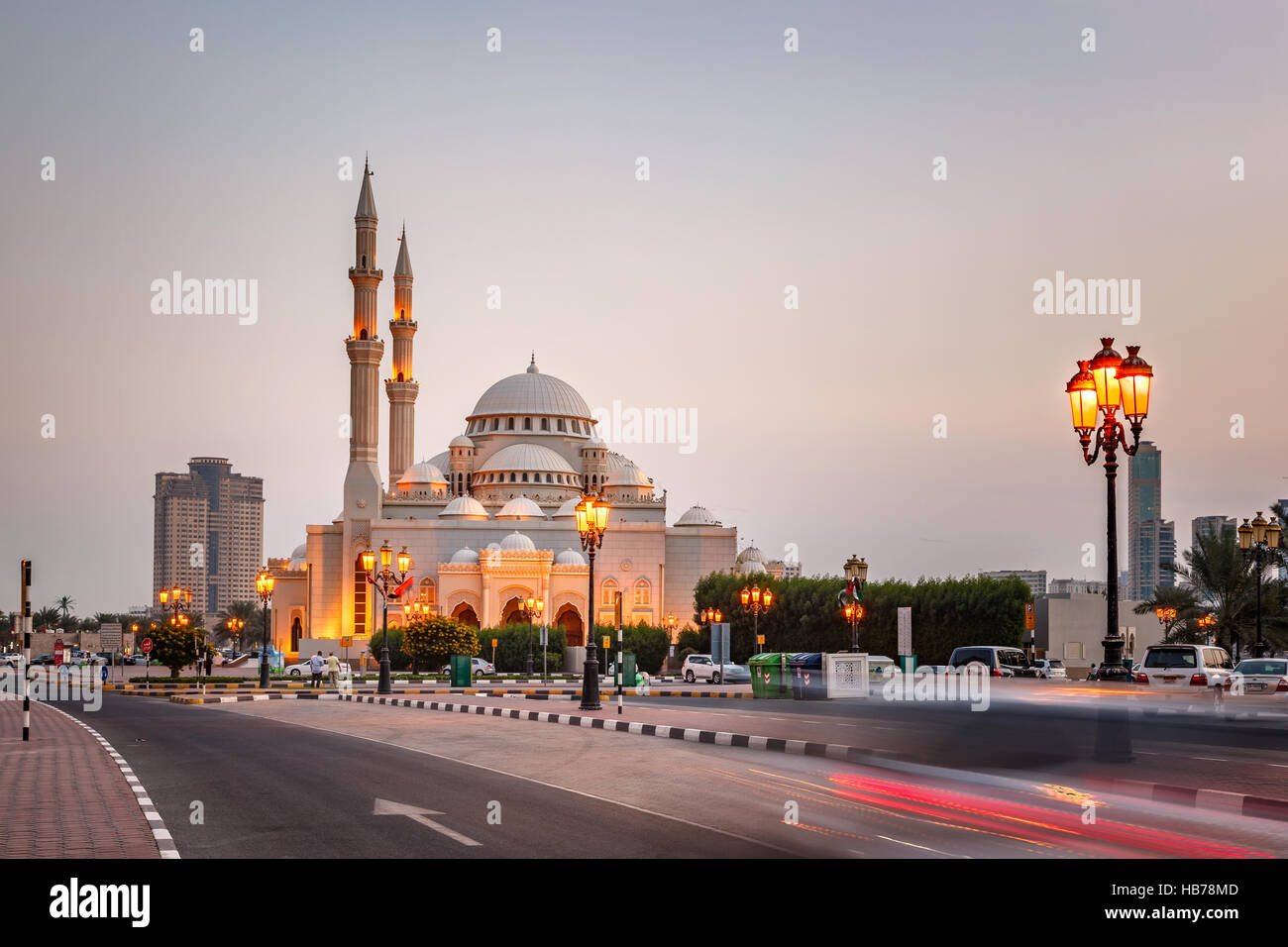 The Al Noor Mosque is a mosque in Sharjah. It is located on the Khaled lagoon at the Buhaira Corniche and of turkish design. Stock Photo