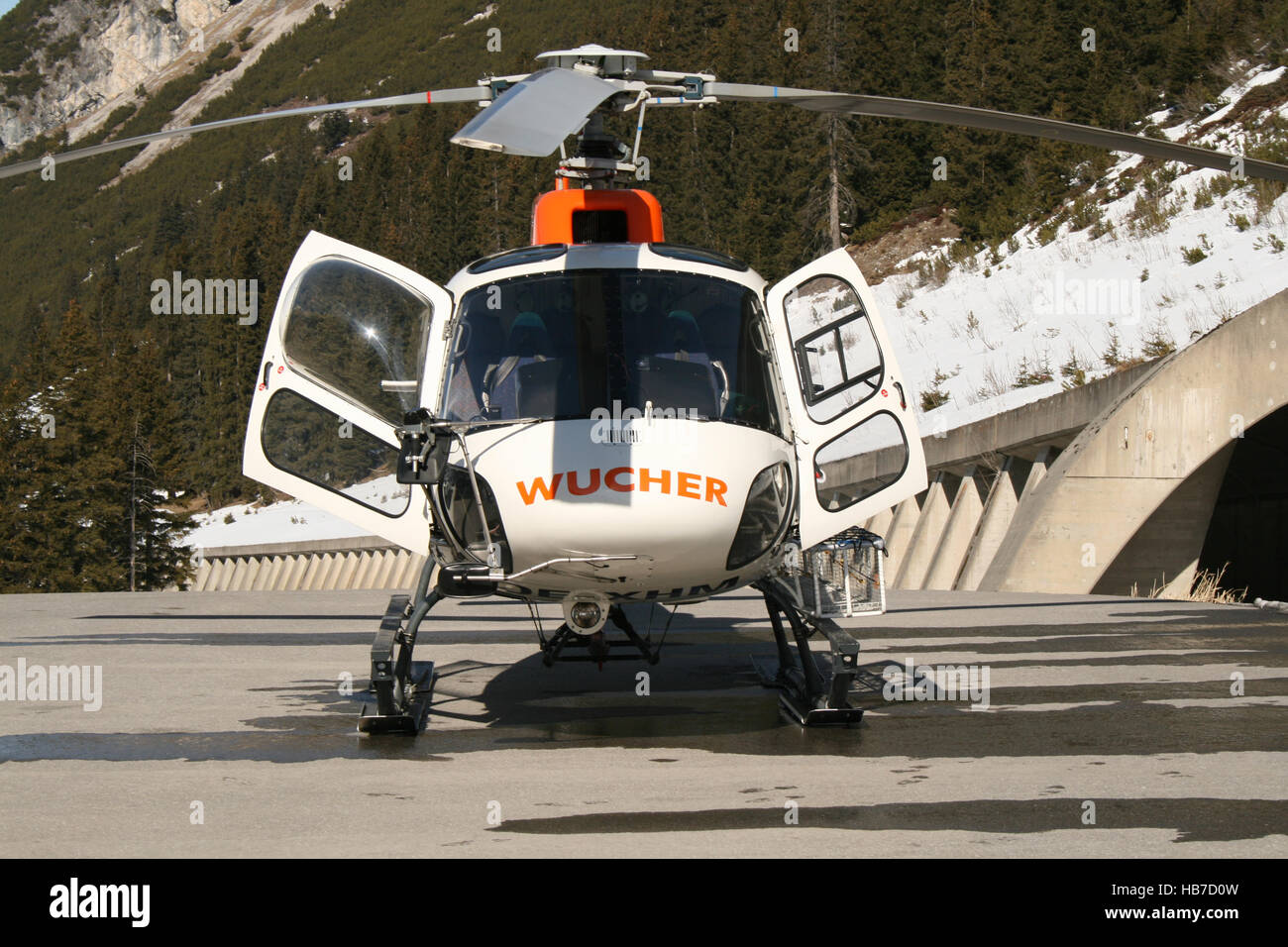 Waeth/Austria January 3, 2015: Flugrettung Helicopter at Warth Airport. Stock Photo