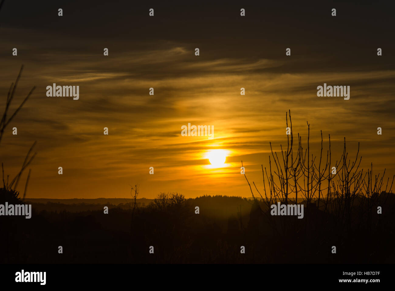 Golden winter sunset over the hills of Pembrokeshire Stock Photo