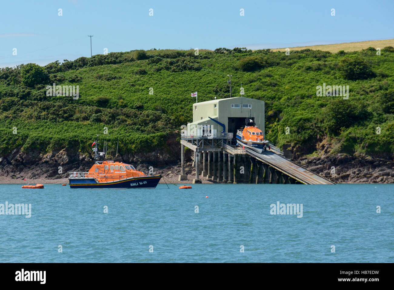 St. David's lifeboat and the relief lifeboat at Angle lifeboat station Stock Photo
